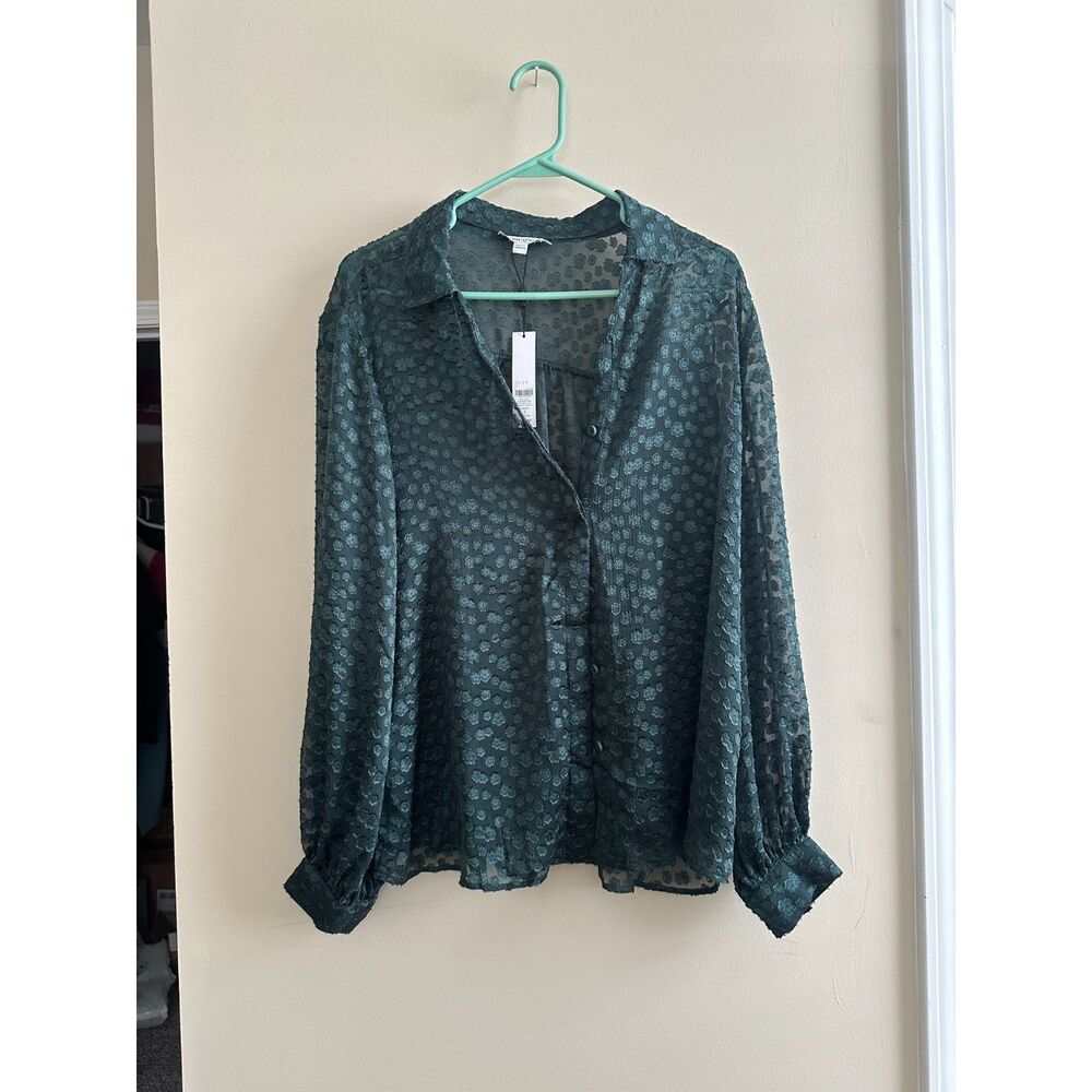 NWT Chico's Darkest Spruce Clip Jacquard Soft Shirt Size 3 Green Sheer Floral